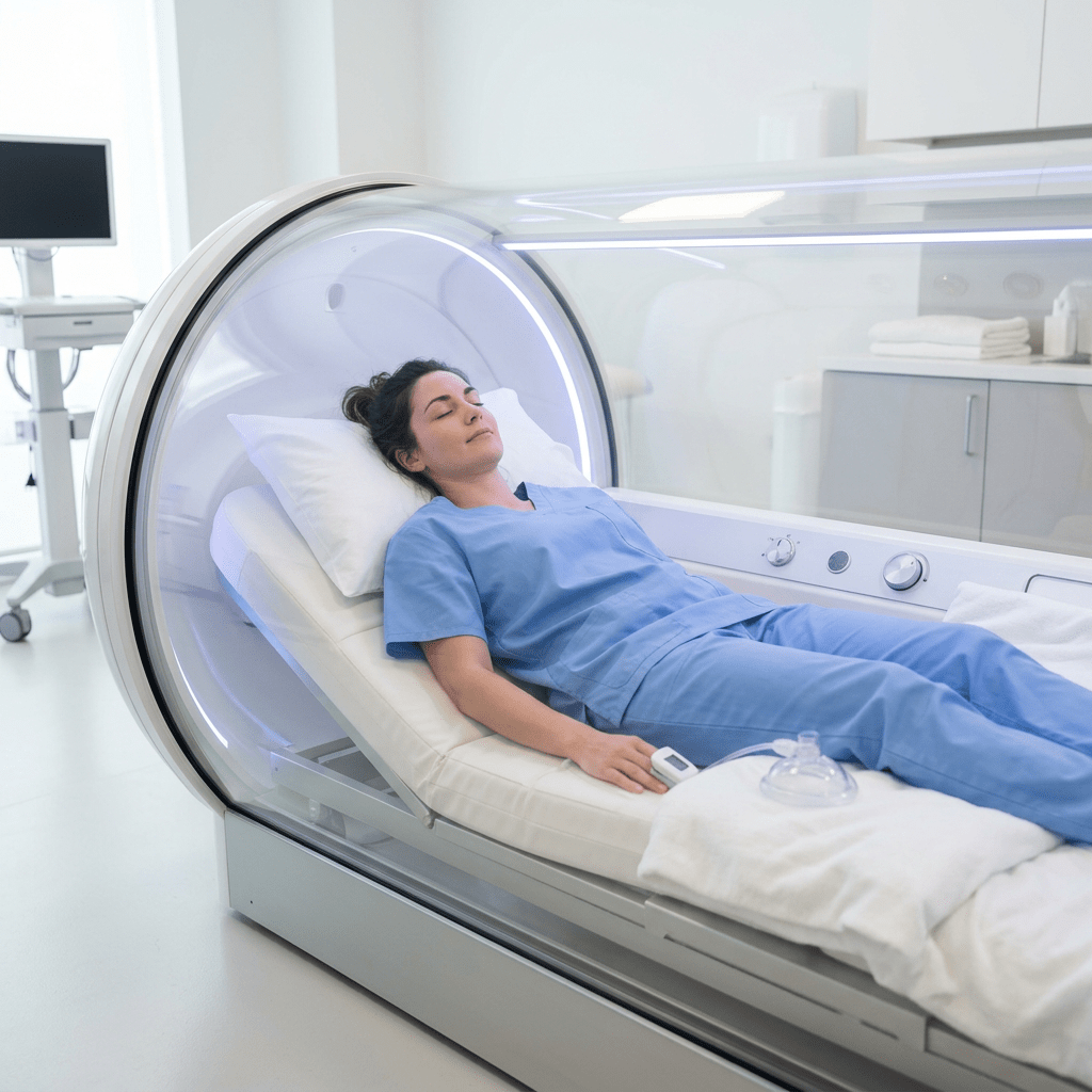 Person in blue scrubs reclining inside a transparent hyperbaric chamber