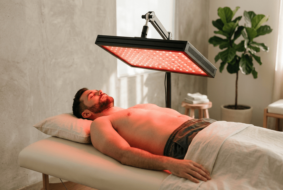 Person reclining on a padded table beneath an illuminated red light therapy panel on an adjustable stand.