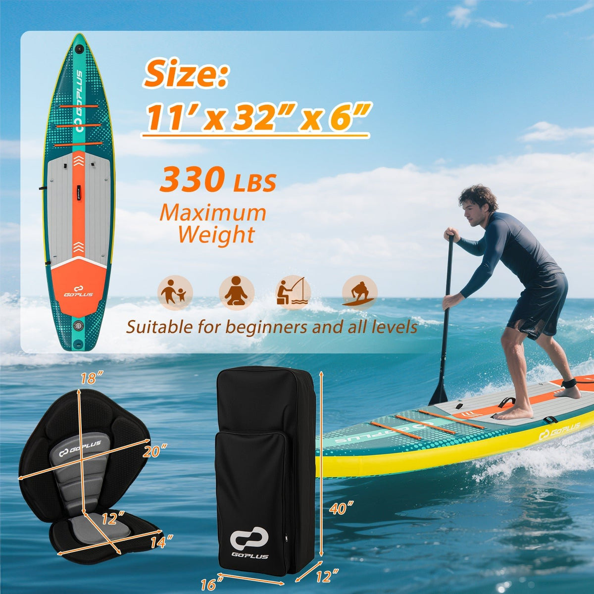 11-Foot Inflatable SUP & Kayak Hybrid Paddle Board for Adults - Aloha Swim Wellness