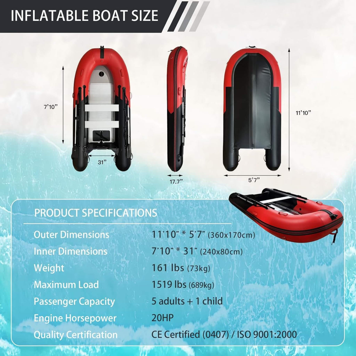 11FT Heavy-Duty Inflatable Dinghy – Aluminum Floor, V-Keel & Oars