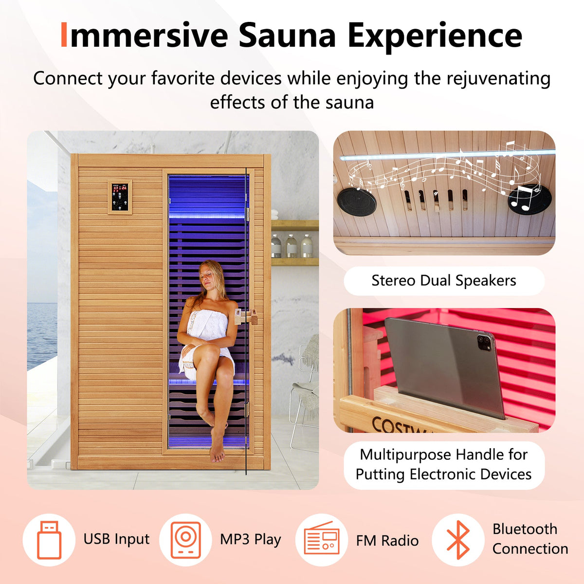 2-Person Canadian Hemlock Infrared Sauna with Red Light Panel