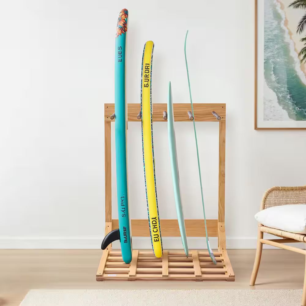 Vertical Surfboard Stand, 4-Tiers Wooden Surfboard Rack for Storage and Display, Freestanding Board Stand Organizer