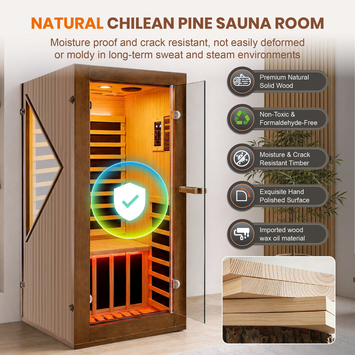Chilean Pine Home Sauna – Six Heating Plates with Ambient LED Lighting