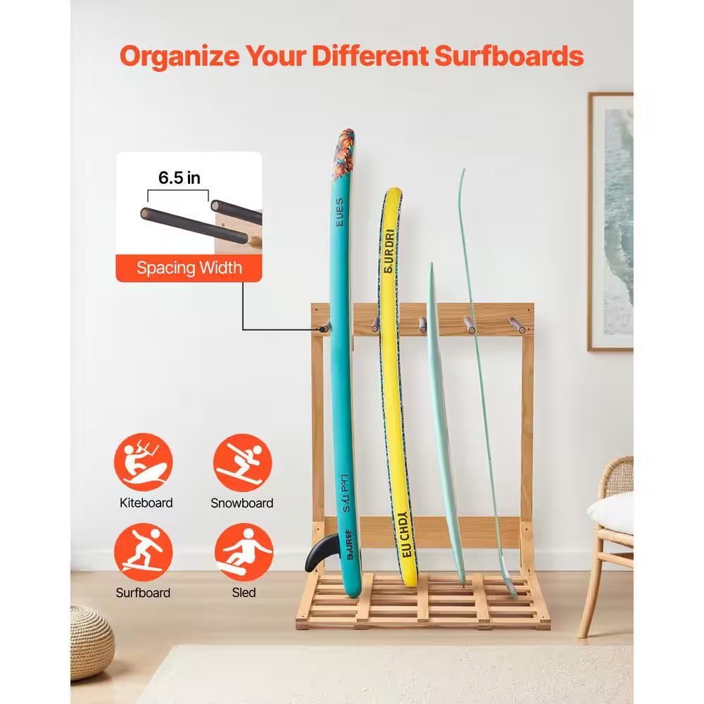 Vertical Surfboard Stand, 4 Tiers Wooden Surfboard Rack for Storage and Display, Freestanding Board Stand Organizer