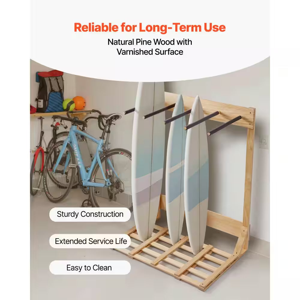 Vertical Surfboard Stand, 4 Tiers Wooden Surfboard Rack for Storage and Display, Freestanding Board Stand Organizer