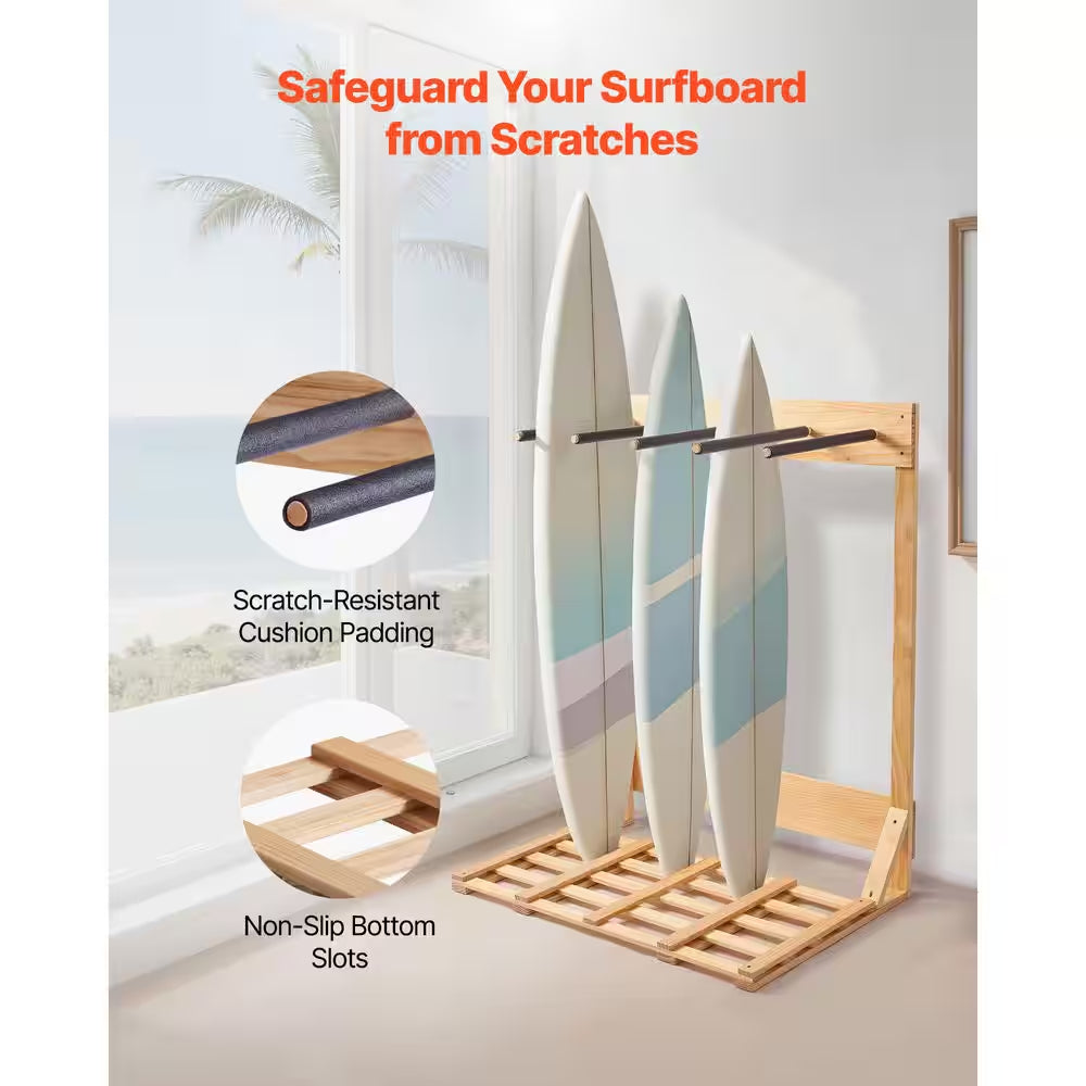 Vertical Surfboard Stand, 4 Tiers Wooden Surfboard Rack for Storage and Display, Freestanding Board Stand Organizer