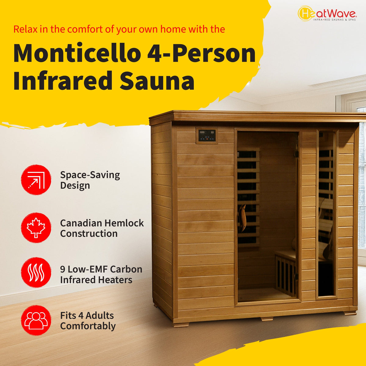 HeatWave SA2418 Monticello 4-Person Infrared Sauna – Canadian Hemlock
