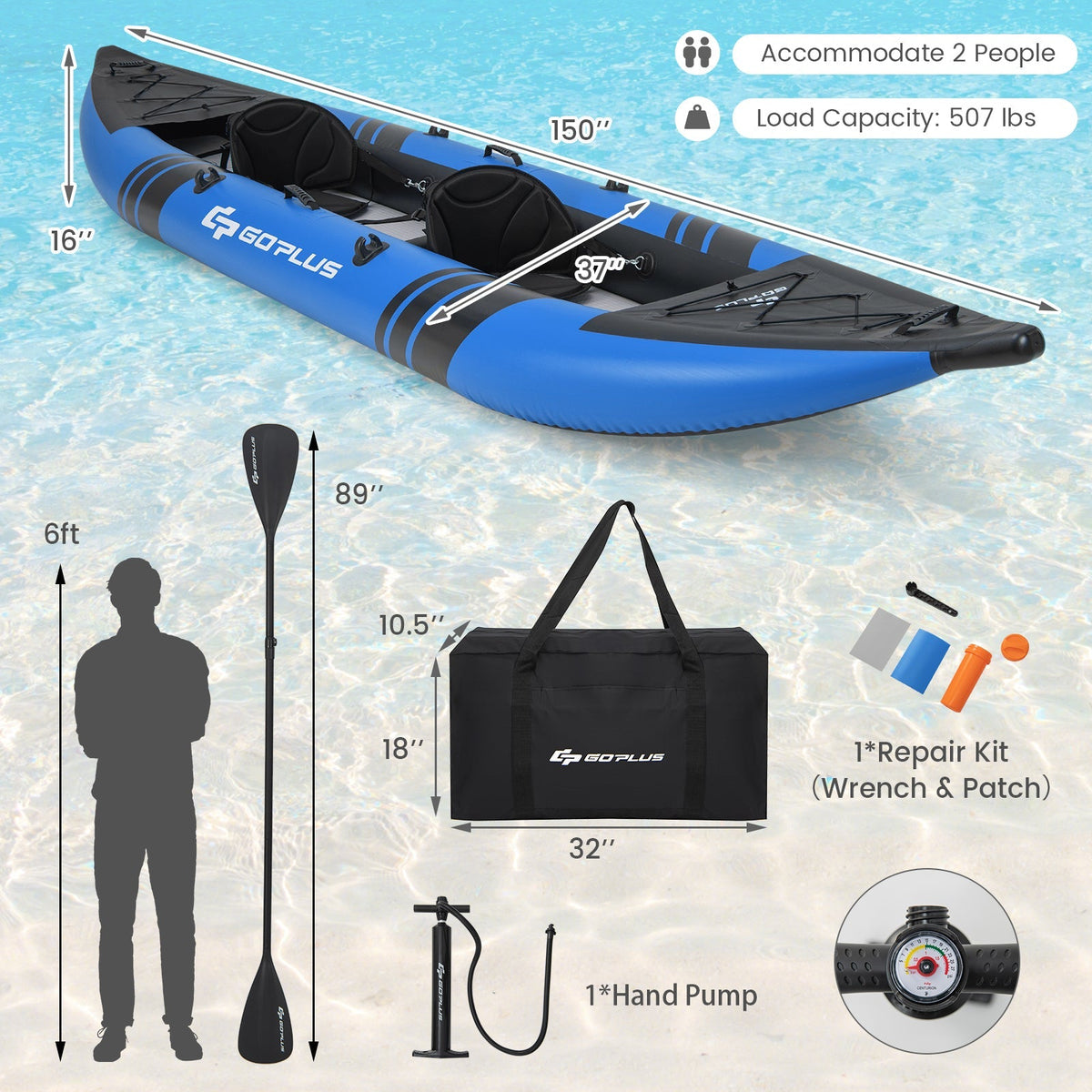 2-Person Inflatable Kayak Set – 3-Chamber Design with Aluminum Oars & Repair Kit