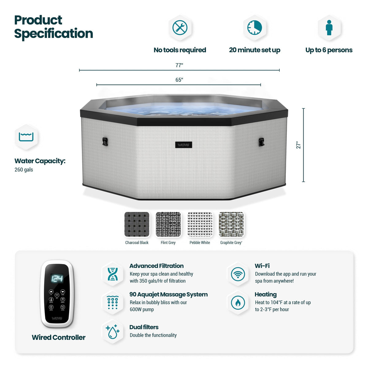 Wave Como Eco Foam Hot Tub – 6-Person Spa with Integrated 1800W Heater