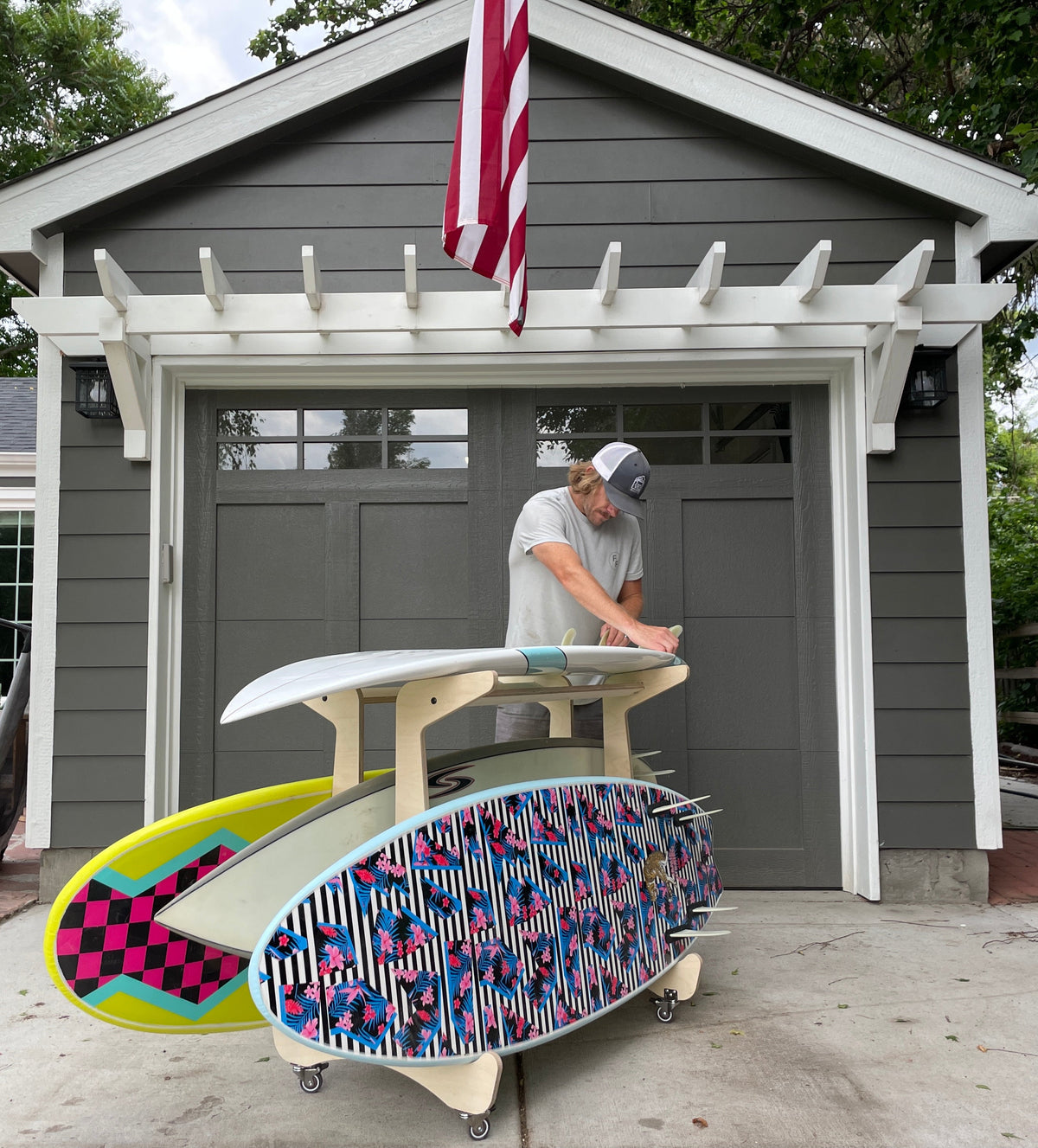 Drop In Surfboard Storage Work Bench – 4-Board Rack with Optional Caster Wheels
