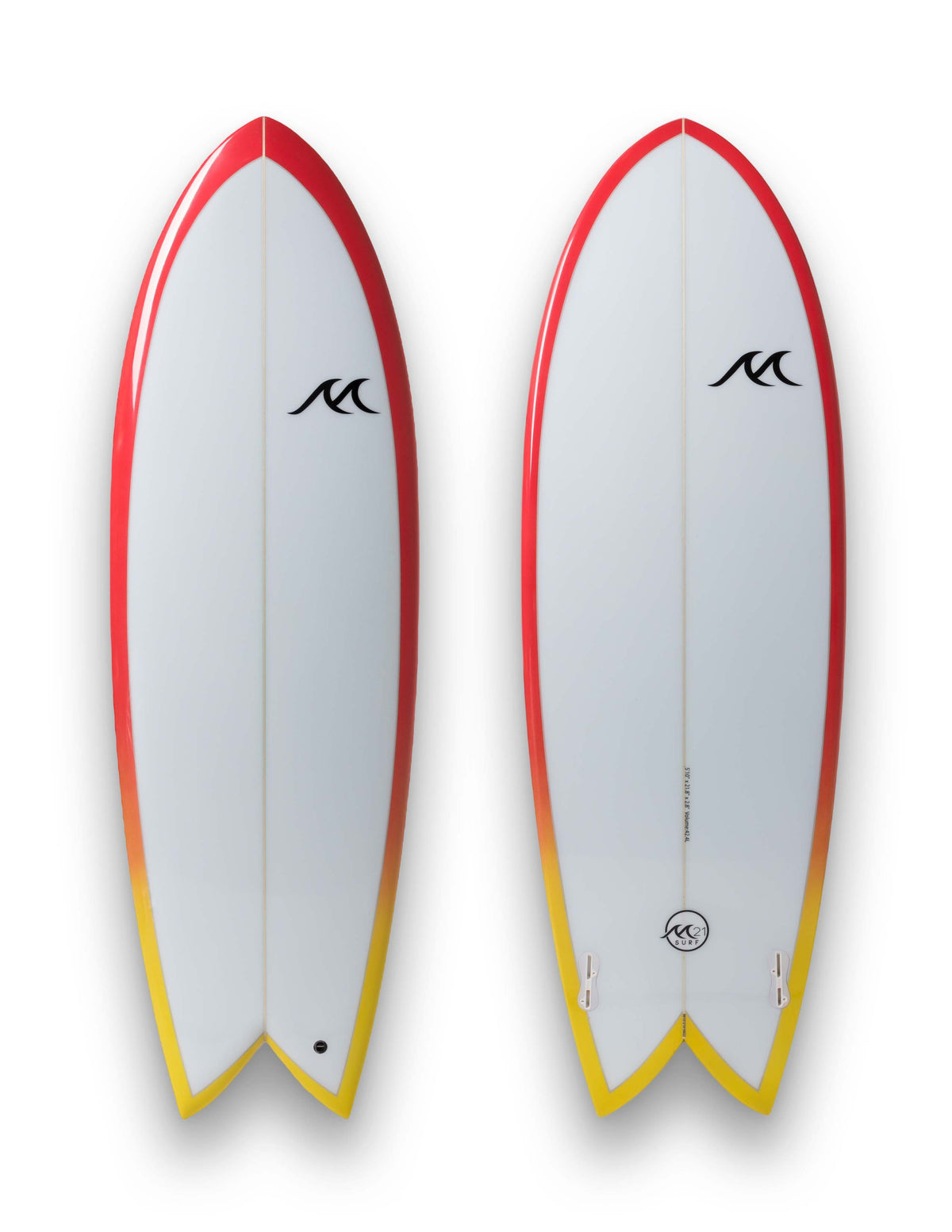 Retro Fish Surfboard – Twin-Fin PU Board with Red-to-Yellow Rails