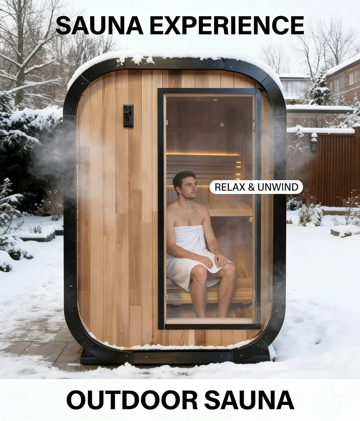 Panoramic Round Outdoor Sauna – Curved Glass Front, Custom Sizing & Complete Heating Package