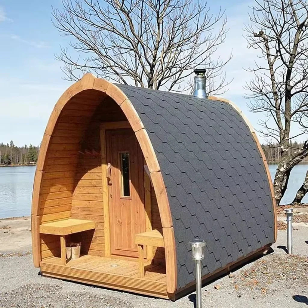 Panoramic Round Outdoor Sauna – Curved Glass Front, Custom Sizing & Complete Heating Package