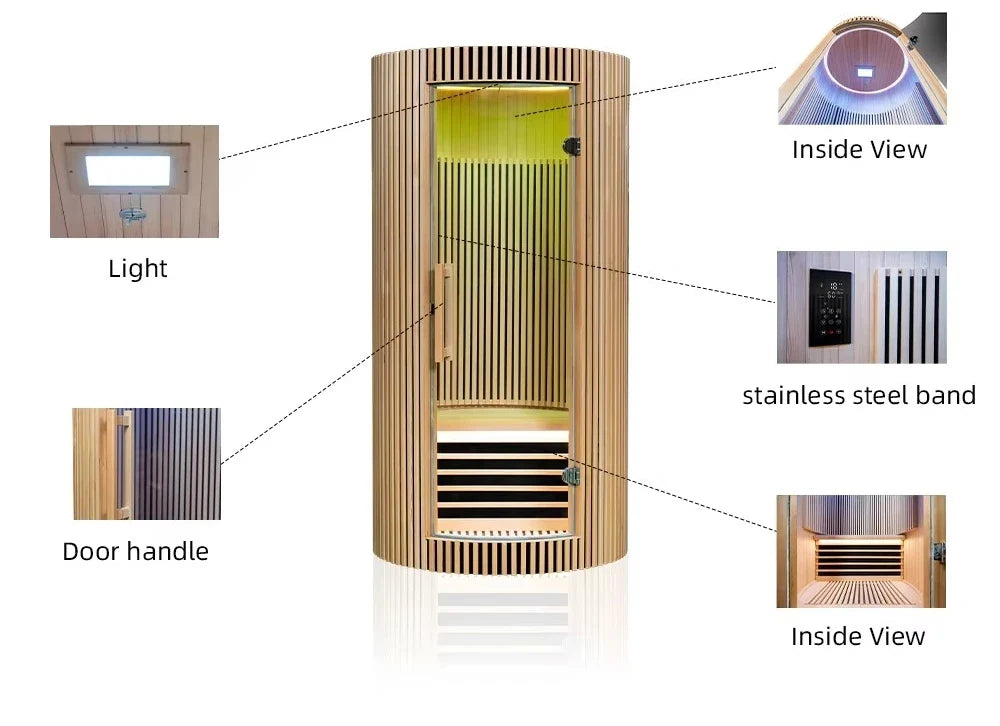 One-Person Indoor Dome Sauna – Solid Wood Cabin with Digital Controls & USB Port
