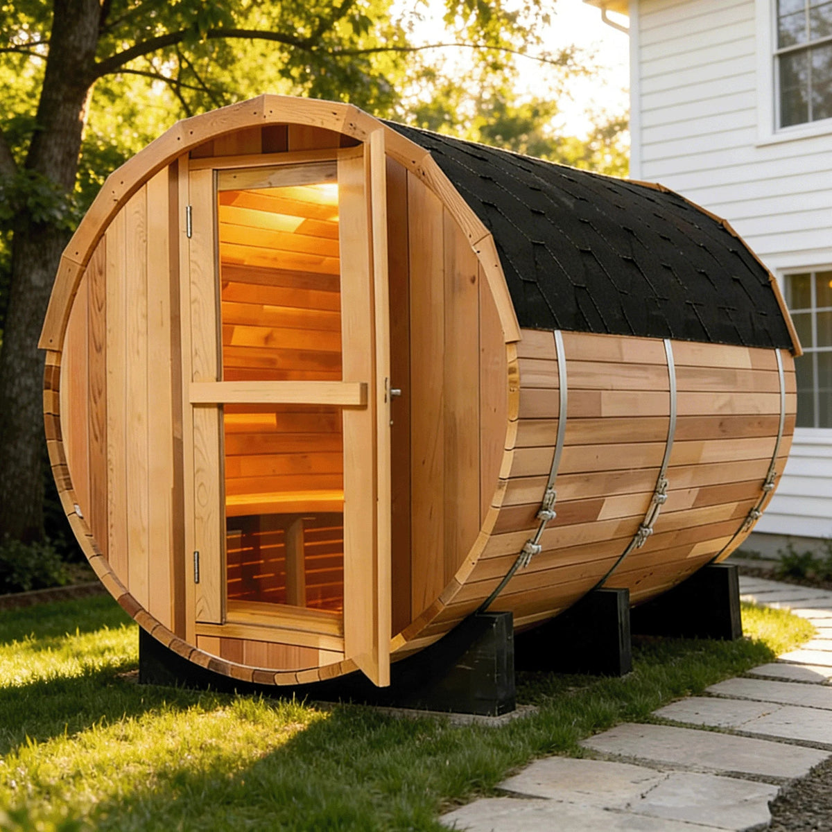 Panoramic Round Outdoor Sauna – Curved Glass Front, Custom Sizing & Complete Heating Package