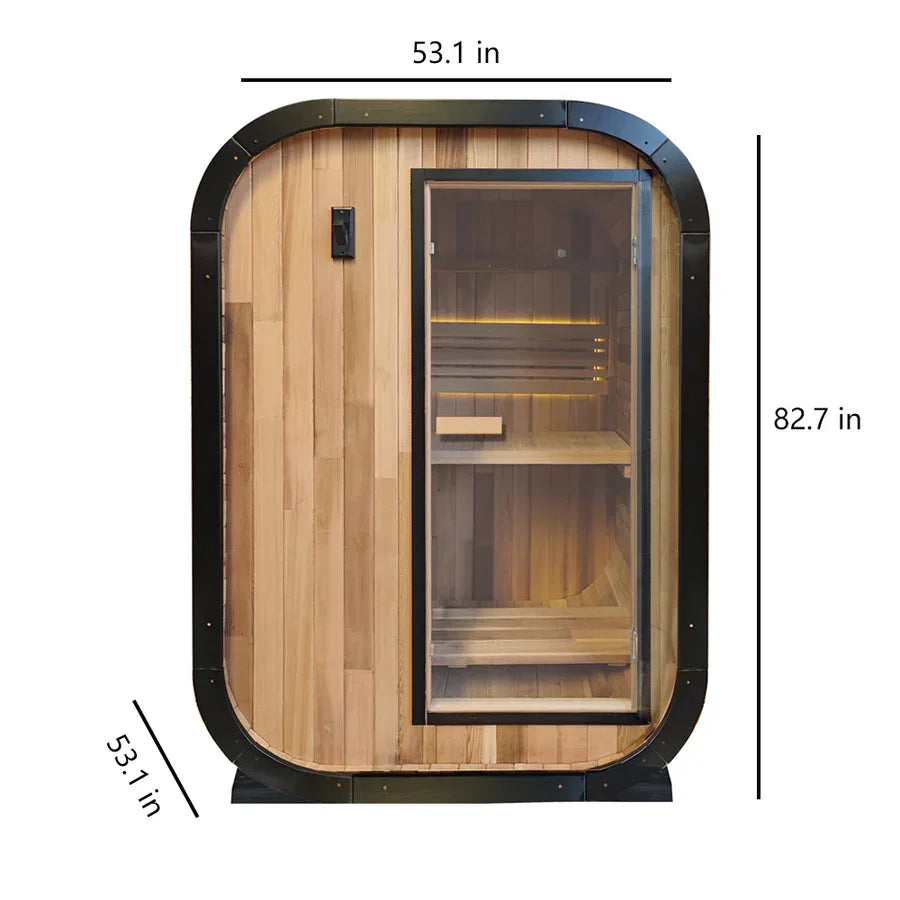 Panoramic Round Outdoor Sauna – Curved Glass Front, Custom Sizing & Complete Heating Package