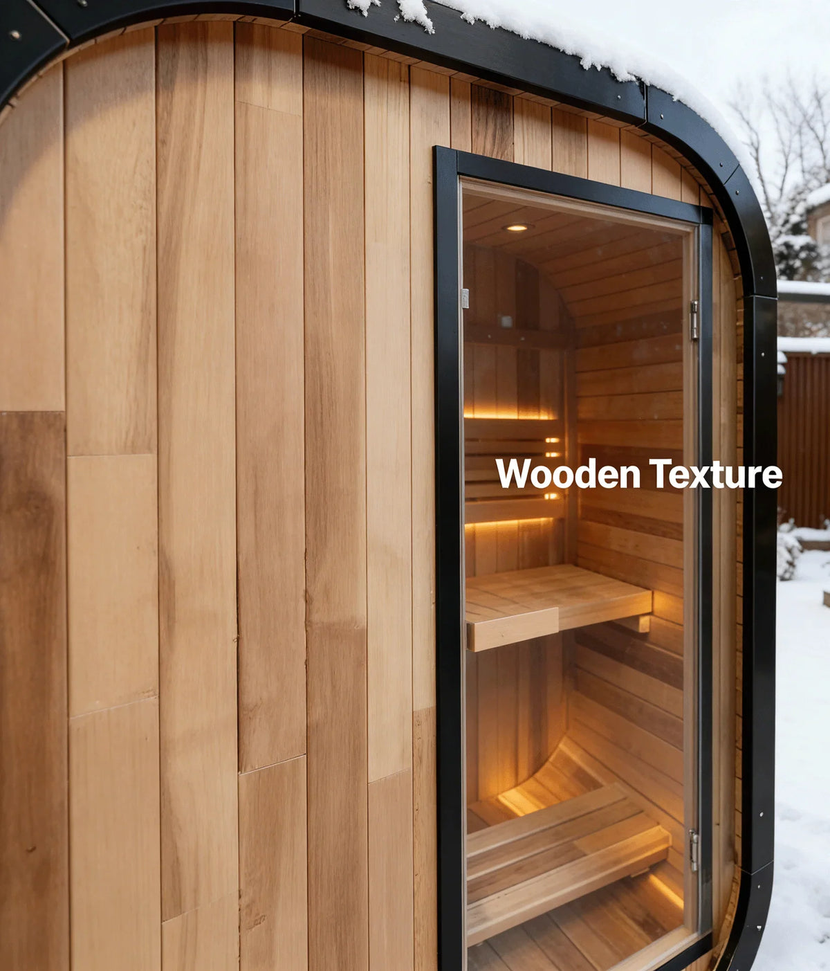 Panoramic Round Outdoor Sauna – Curved Glass Front, Custom Sizing & Complete Heating Package