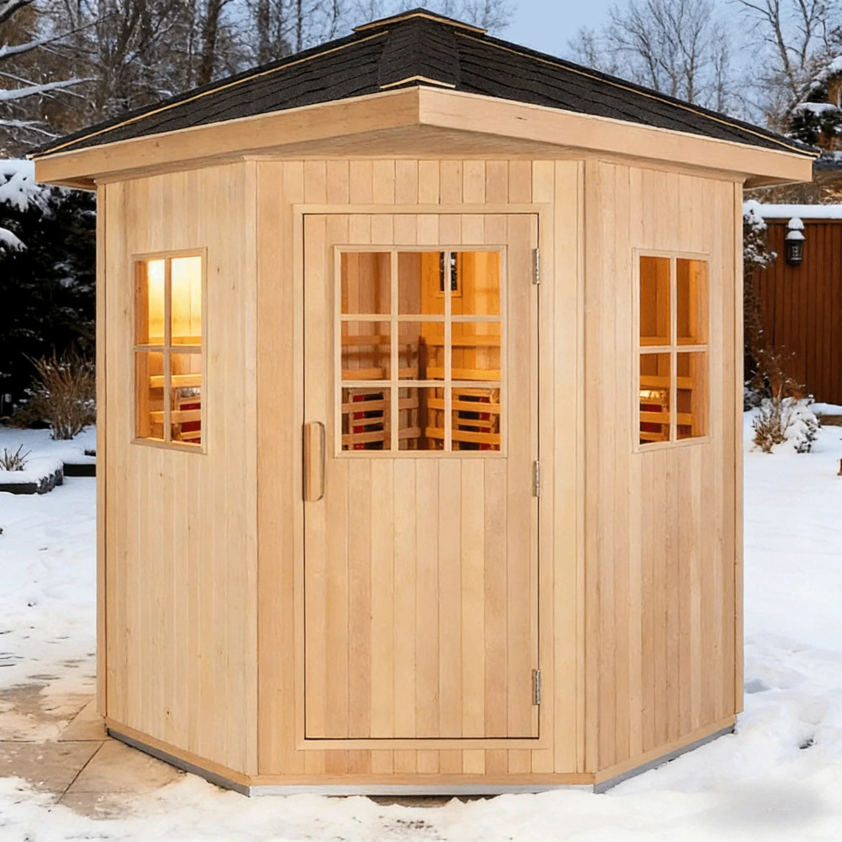 Panoramic Round Outdoor Sauna – Curved Glass Front, Custom Sizing & Complete Heating Package