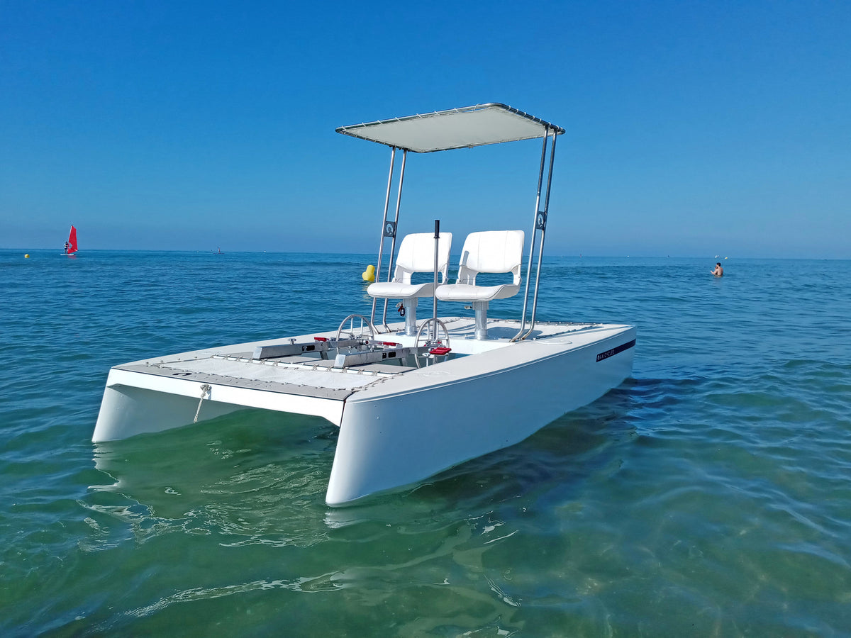 ZEN Pedal Boat – 4-Person Fiberglass Multihull with Optional Electric Motor