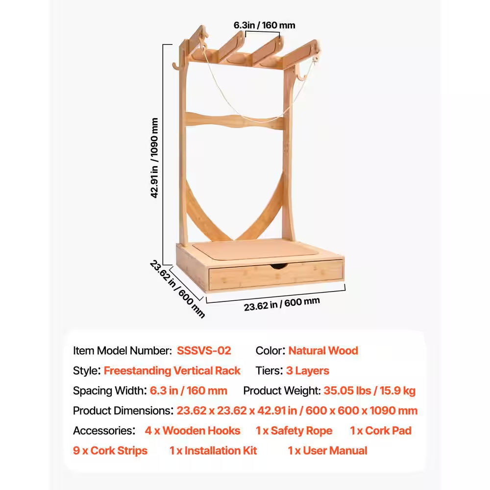 Vertical Surfboard Stand, 3 Tiers Wooden Surfboard Rack for Storage and Display, Freestanding Board Stand Organizer
