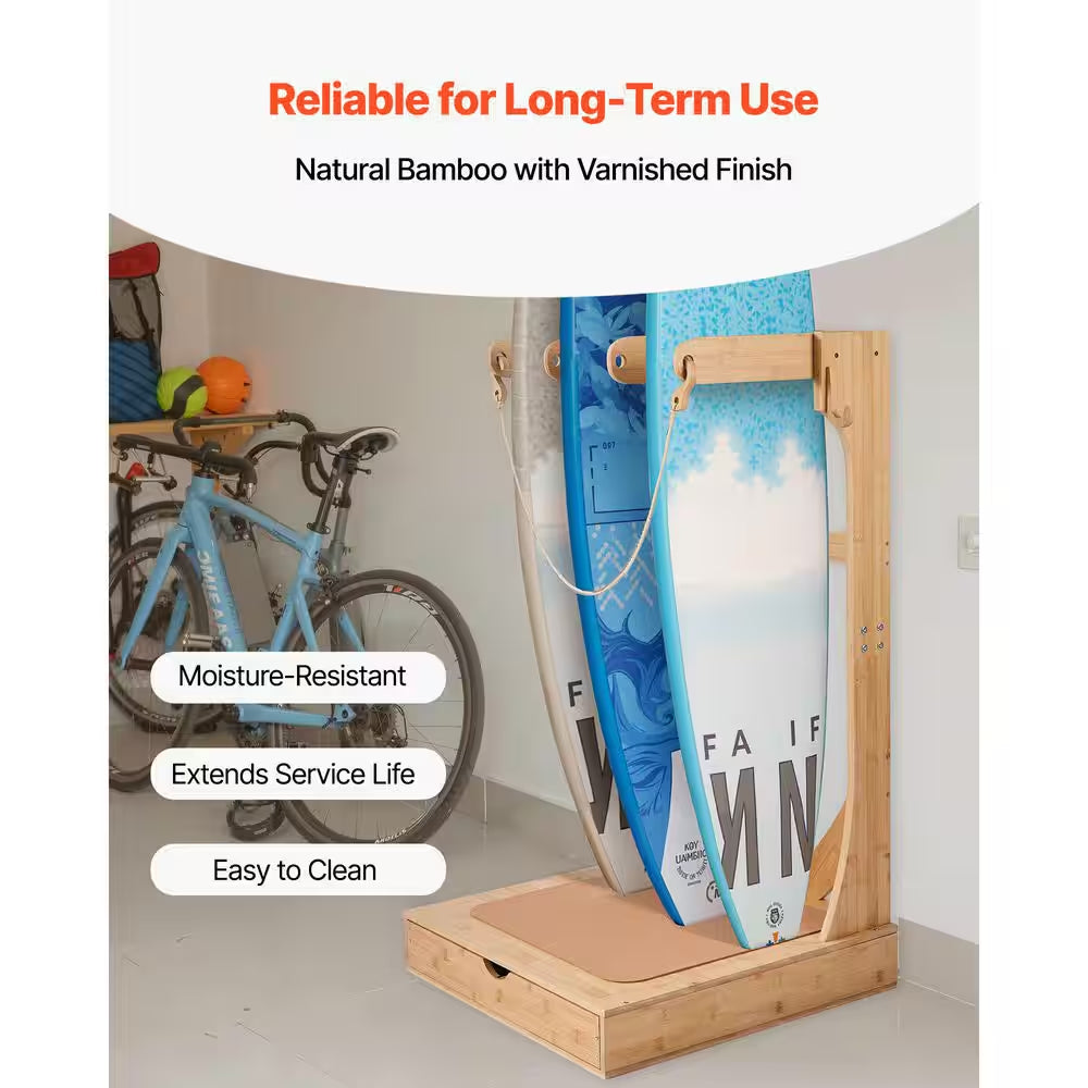 Vertical Surfboard Stand, 3 Tiers Wooden Surfboard Rack for Storage and Display, Freestanding Board Stand Organizer