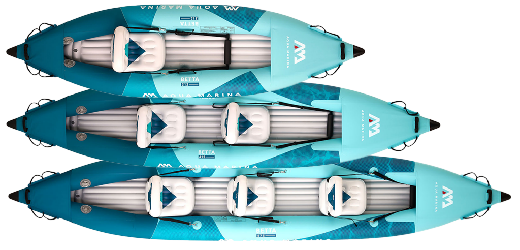 Three Altra Aqua Rafting kayaks in different sizes, arranged vertically from smallest to largest against a plain white background.