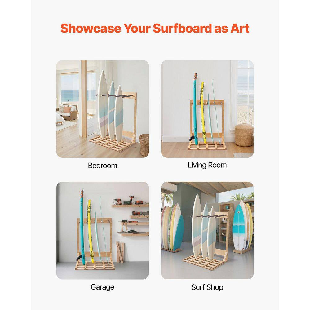 Vertical Surfboard Stand, 4-Tiers Wooden Surfboard Rack for Storage and Display, Freestanding Board Stand Organizer