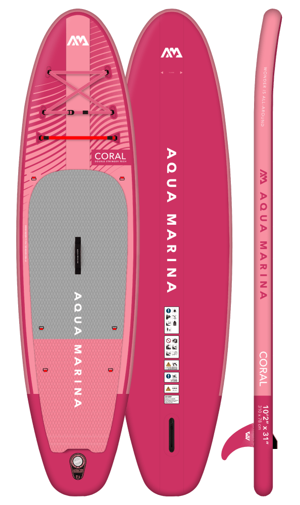 Coral (Raspberry) Advanced All-around iSUP (3.1m/12cm) With Carbon/Fiberglass Hybrid PASTEL Paddle, Coil Leash And Carry Strap - Aloha Swim Wellness