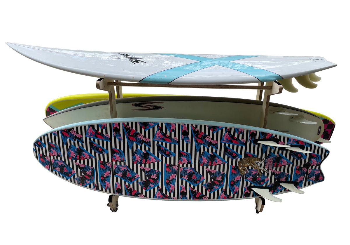 Drop In Surfboard Storage Work Bench – 4-Board Rack with Optional Caster Wheels