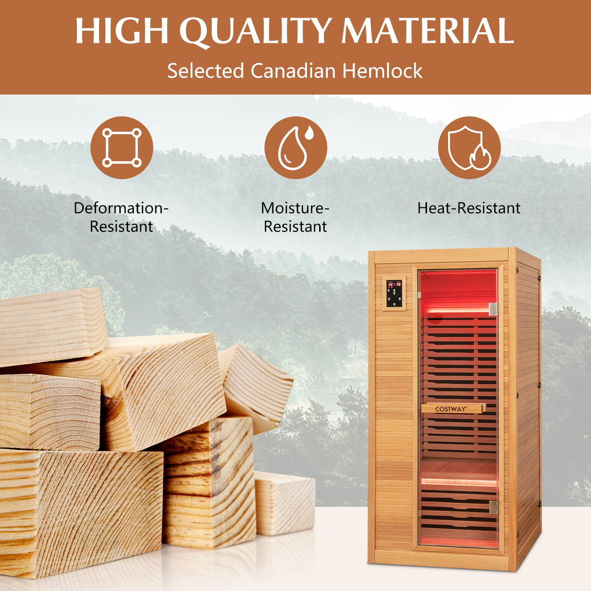 Canadian Hemlock Infrared Sauna – 9 Carbon Heaters, Bluetooth Audio & Color LED Lighting