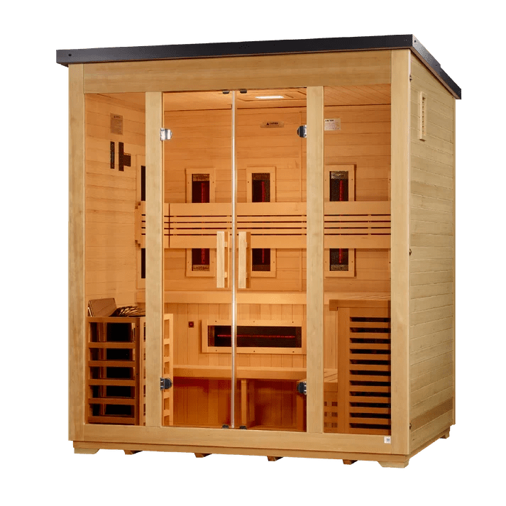 Golden Designs Gargellen GDI-8025-01 Hybrid Outdoor Sauna – 5-Person Infrared & Traditional - Aloha Swim Wellness