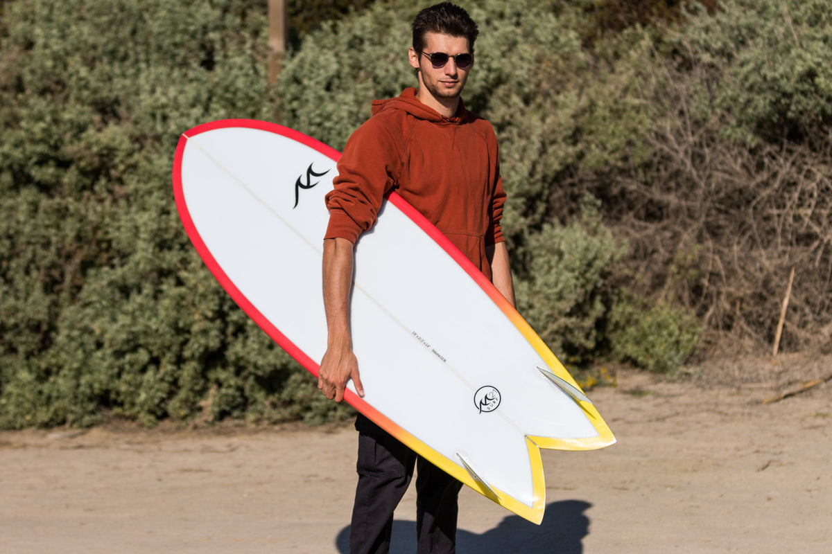 Retro Fish Surfboard – Twin-Fin PU Board with Red-to-Yellow Rails - Aloha Swim Wellness
