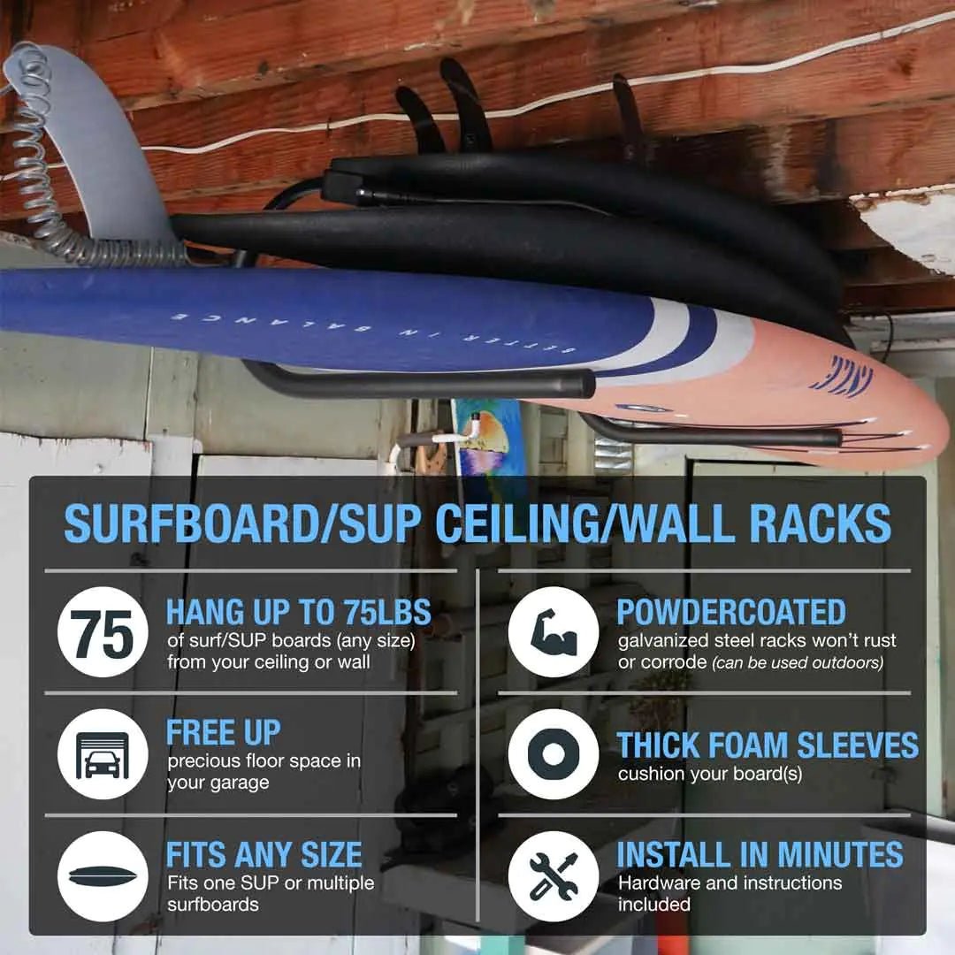 Surfboard Ceiling & Wall Rack – Heavy-Duty SUP & Multi-Board Storage - Aloha Swim Wellness