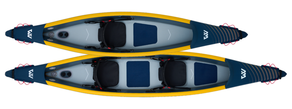 Two inflatable kayaks side by side on a white background