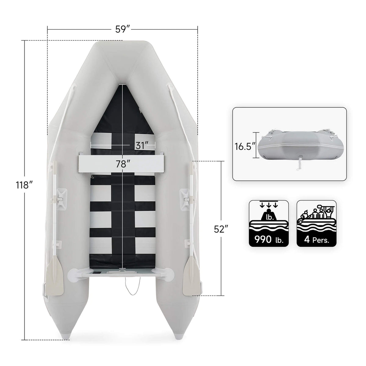 Virtue US 10FT Inflatable Dinghy – 5-Person Sport Tender with Aluminum Floor