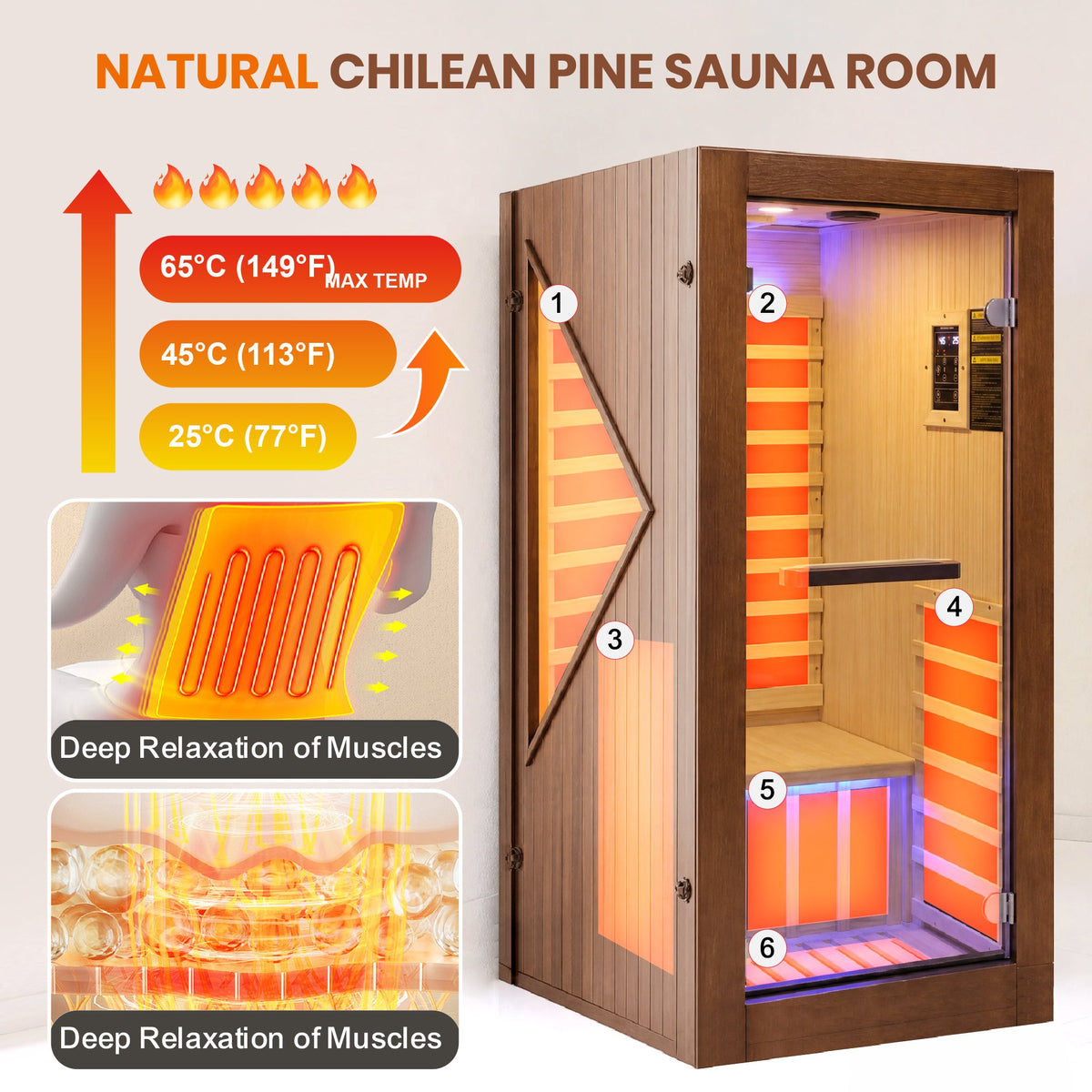 Chilean Pine Home Sauna – Six Heating Plates with Ambient LED Lighting