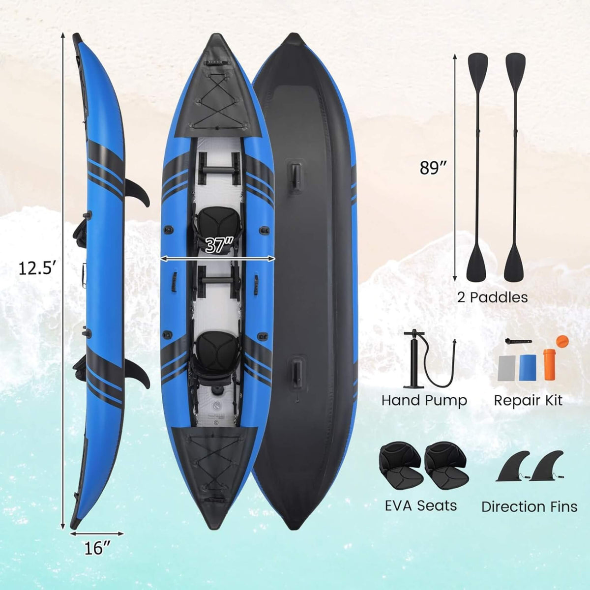 12-Foot Inflatable Tandem Kayak – 2-Person Kit - Aloha Swim Wellness