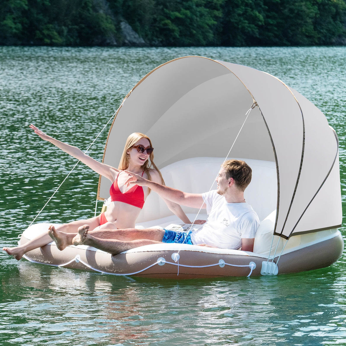 Inflatable Pool Float Lounge Raft – Detachable Sunshade & Cup Holders