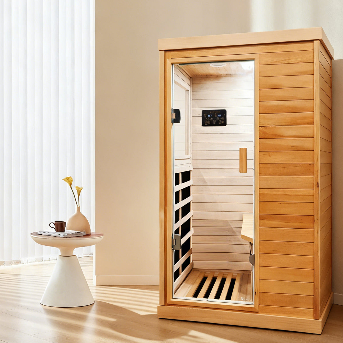 Single-Person Infrared Sauna – Hemlock Wood, 1200W Heating & Bluetooth Audio