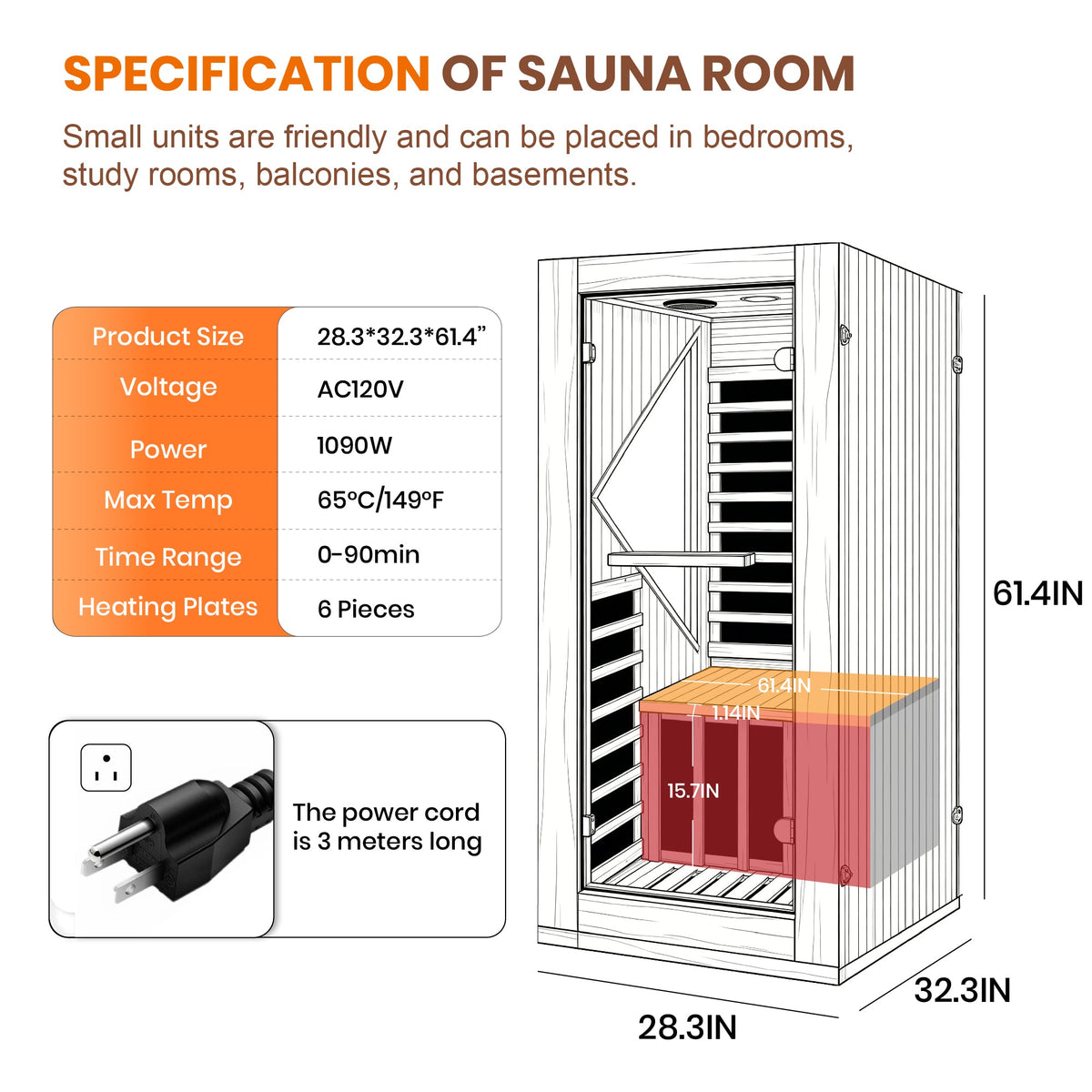 Chilean Pine Home Sauna – Six Heating Plates with Ambient LED Lighting