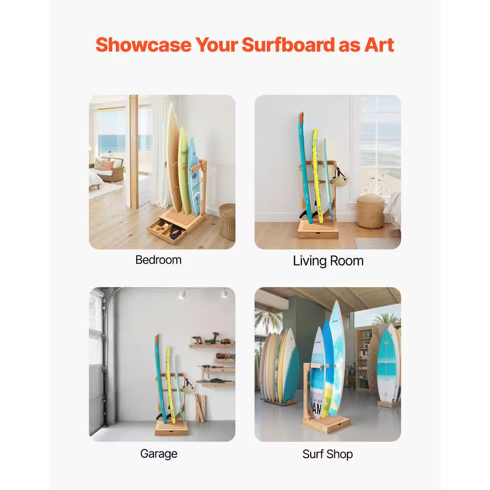 Vertical Surfboard Stand, 3 Tiers Wooden Surfboard Rack for Storage and Display, Freestanding Board Stand Organizer