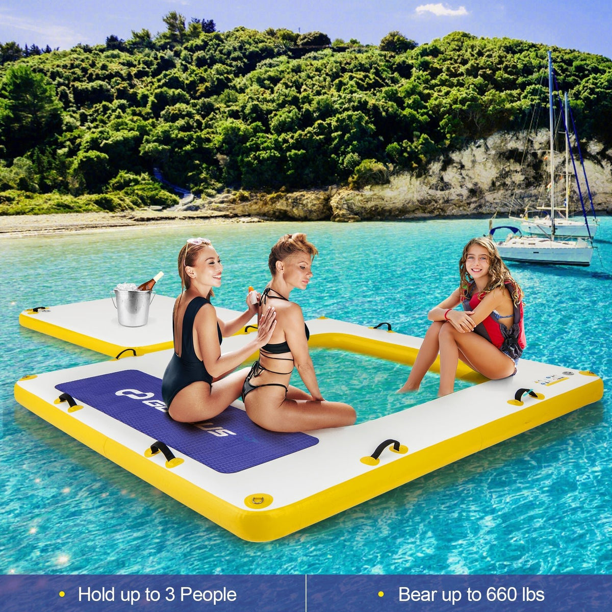 8' × 8' Inflatable Floating Dock – Mesh Swim Lounge, 600 lb Capacity - Aloha Swim Wellness