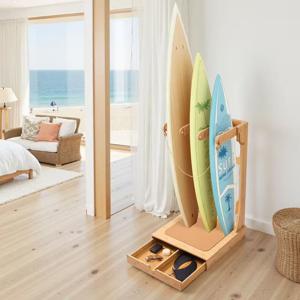 Vertical Surfboard Stand, 3 Tiers Wooden Surfboard Rack for Storage and Display, Freestanding Board Stand Organizer