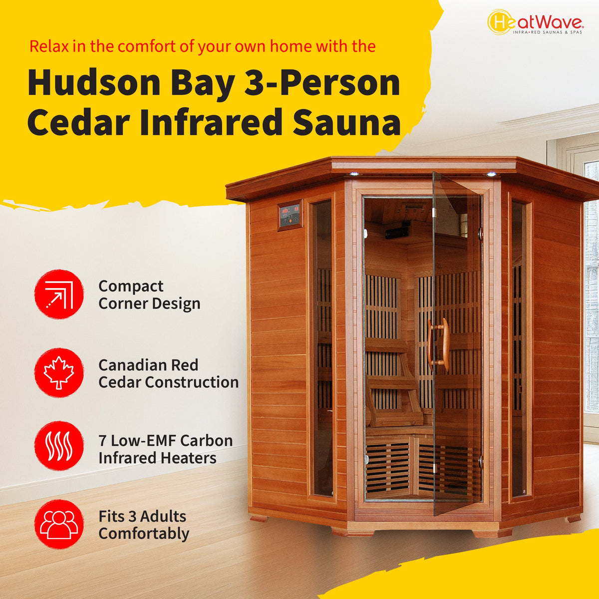 HeatWave SA1312 Hudson Bay 3-Person Corner Infrared Sauna – Canadian Cedar