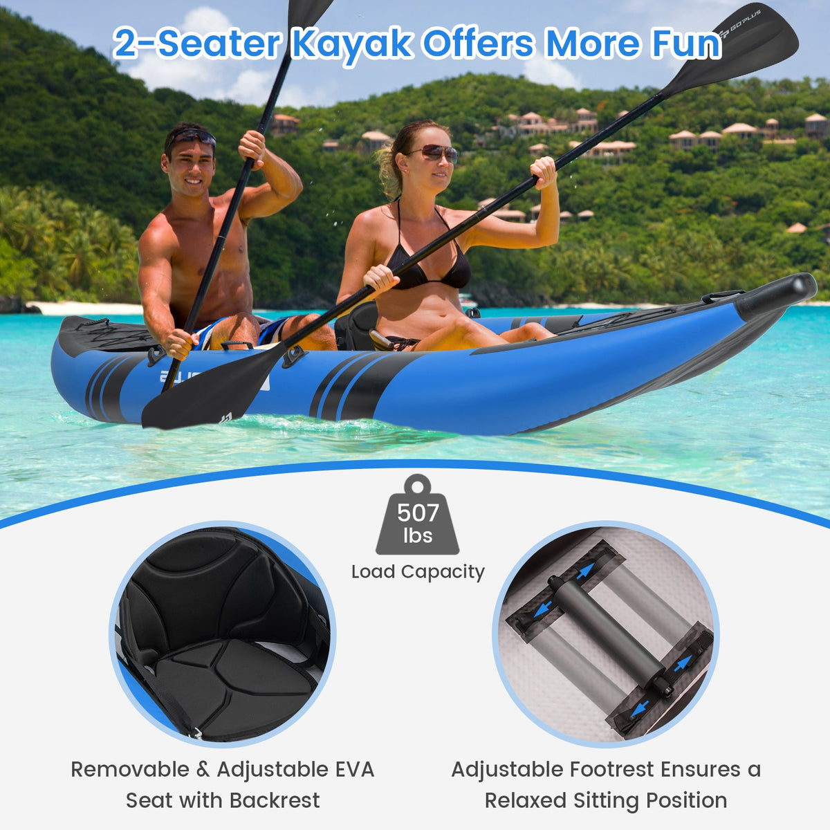 Inflatable 2-Person Kayak Set – 3-Chamber Tandem Kayak with Aluminum Oars & Repair Kit