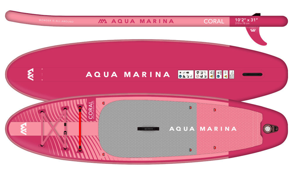 Coral (Raspberry) Advanced All-around iSUP (3.1m/12cm) With Carbon/Fiberglass Hybrid PASTEL Paddle, Coil Leash And Carry Strap