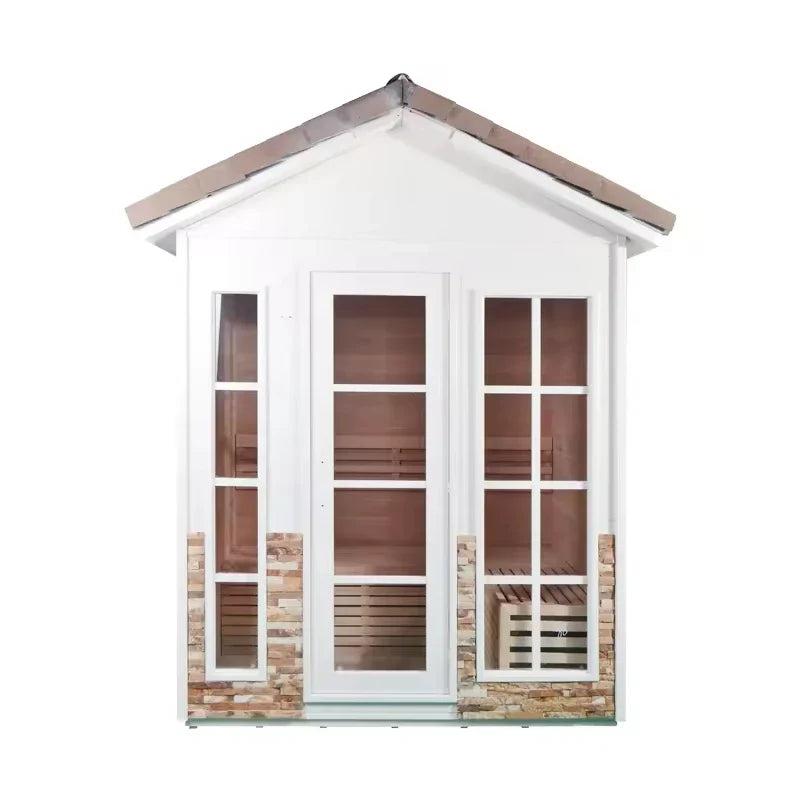 Panoramic Round Outdoor Sauna – Curved Glass Front, Custom Sizing & Complete Heating Package