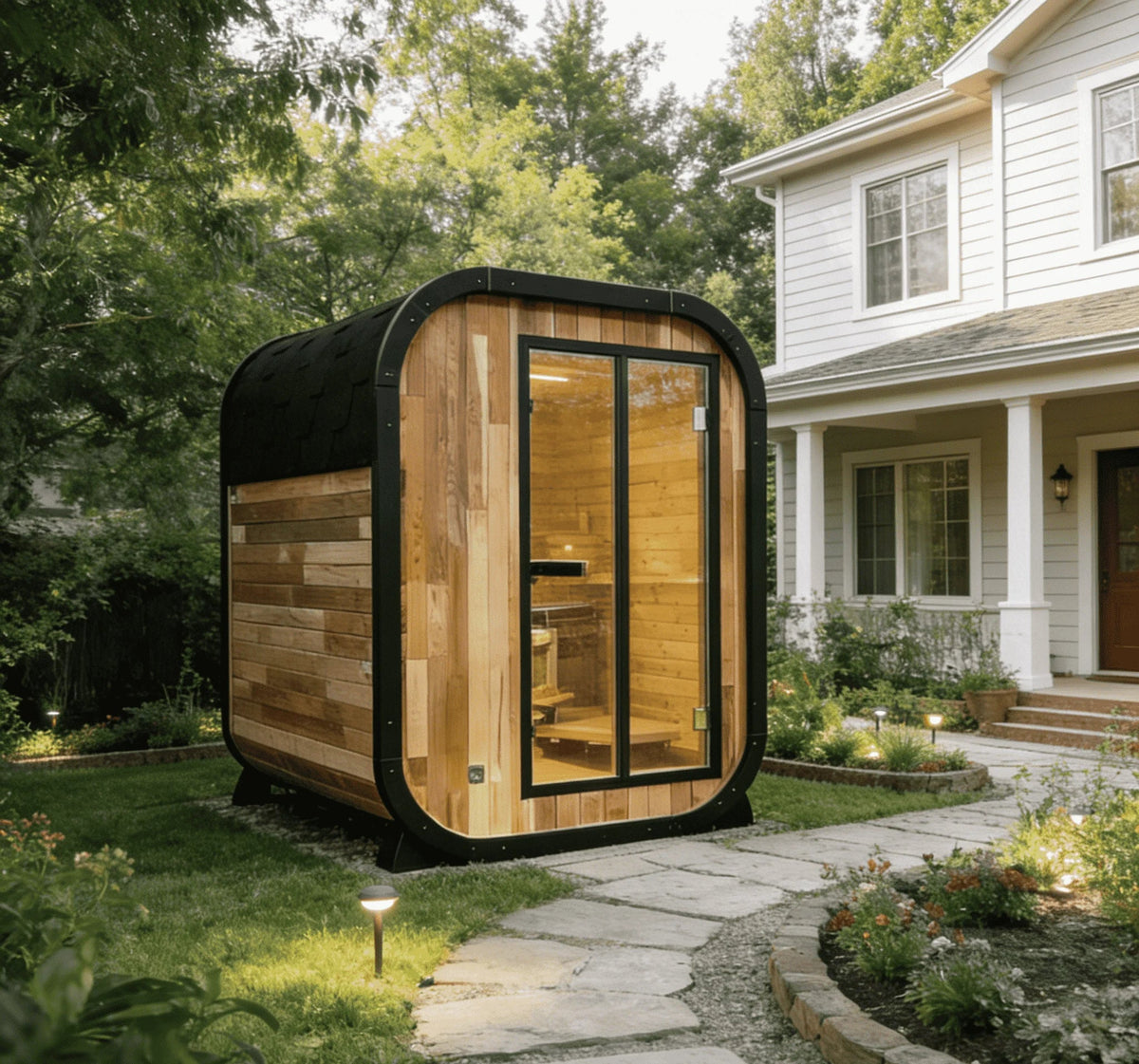 Panoramic Round Outdoor Sauna – Curved Glass Front, Custom Sizing & Complete Heating Package