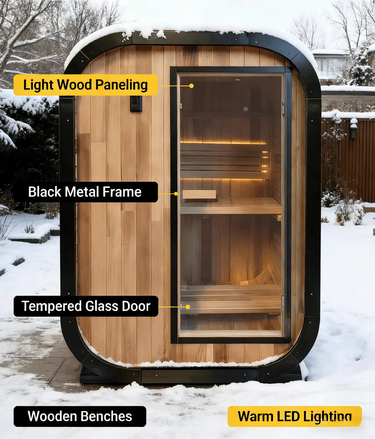 Panoramic Round Outdoor Sauna – Curved Glass Front, Custom Sizing & Complete Heating Package