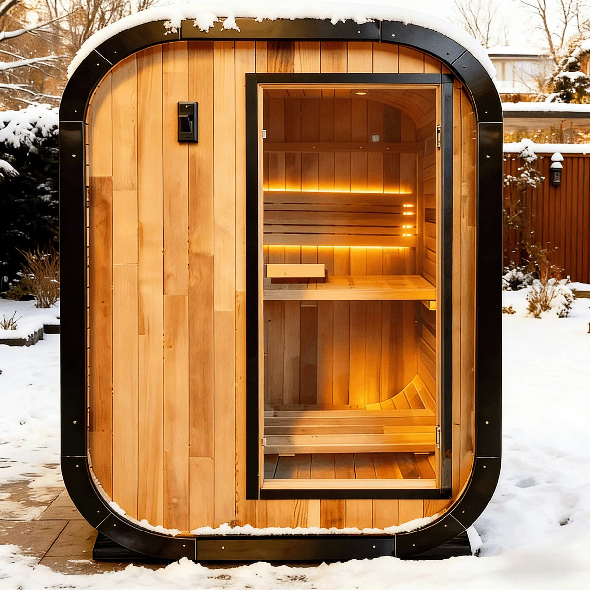 Panoramic Round Outdoor Sauna – Curved Glass Front, Custom Sizing & Complete Heating Package